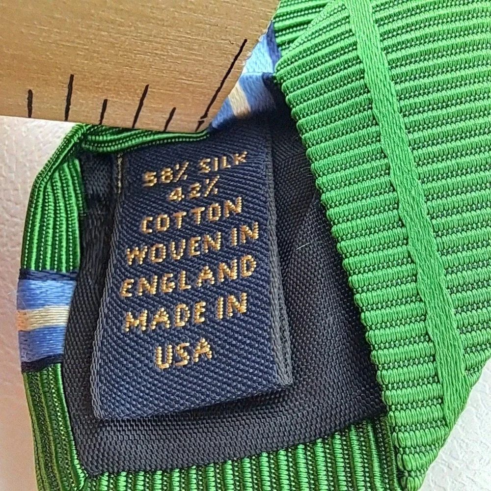 Brooks Brothers Makers Tie Green Blue Stripe Silk Cotton Woven England Made USA